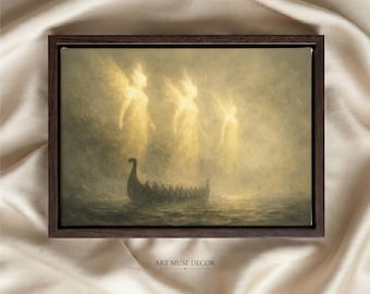 Lámina vikinga de valquirias y drakkar: Arte mural de mitología nórdica, decoración rústica oscura.