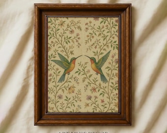 Vintage Hummingbird Tapestry Print: Botanical Folk Art Wall Hanging