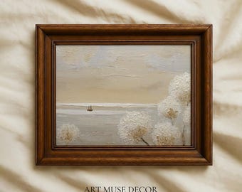 Neutral Coastal Hydrangea & Sailboat Print: Seascape Boat Painting, Cottagecore Wall Art