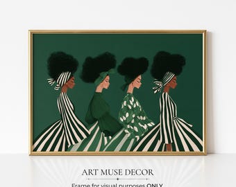 Modern Afrocentric Wall Art: Female Figures Black Painting Print, Emerald Green Decor
