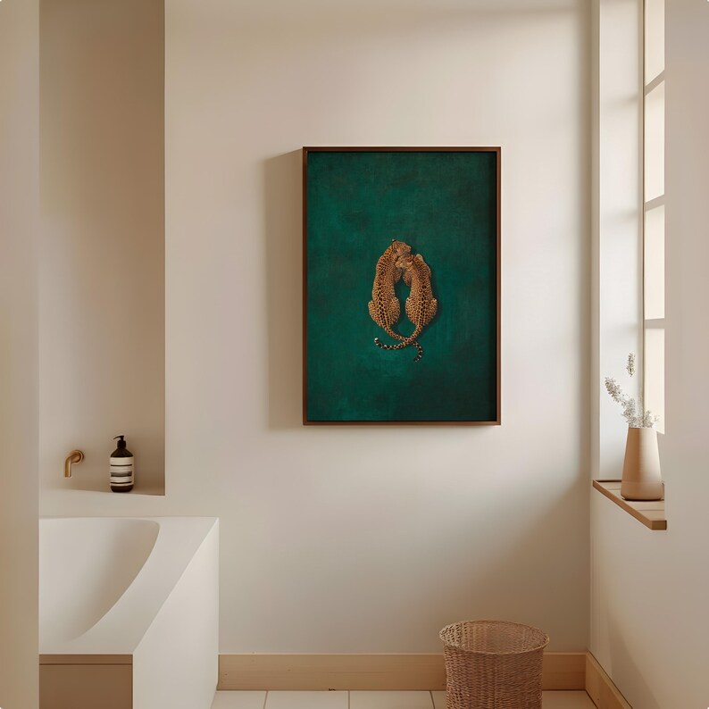 Estampado Leopard Love en verde esmeralda: Póster minimalista de animales de la jungla, arte mural de grandes felinos. imagen 12