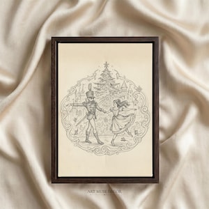 May include: A framed rectangular wall art piece featuring a detailed line drawing of a nutcracker and a ballerina dancing in front of a Christmas tree and castle. The illustration is enclosed in an ornate circular border with small mice.