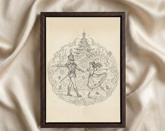 Könnte beinhalten: Ein gerahmtes, rechteckiges Wandbild mit einer detaillierten Strichzeichnung eines Nussknackers und einer Ballerina, die vor einem Weihnachtsbaum und einem Schloss tanzen. Die Illustration ist von einem verzierten, kreisförmigen Rand mit kleinen Mäusen umgeben.