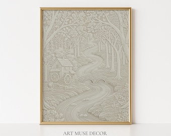River Tapestry Print: French Landscape Textile Decor, Neutral Farmhouse Art