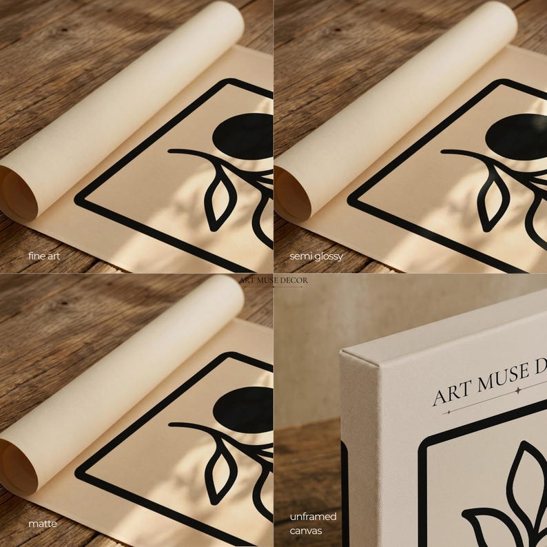 Puede incluir: Una imagen compuesta de cuatro paneles que muestra impresiones art&iacute;sticas y un lienzo. Tres paneles muestran impresiones en papel enrollado etiquetadas como fine art, semi glossy y matte. El cuarto panel muestra un lienzo sin marco con el texto ART MUSE DECOR.