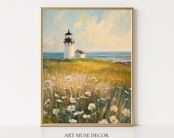 Lighthouse Coastal Print: Wildflowers, Nautical Beach House Art