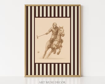 Vintage Polo Rider Art Print: Brown & Cream Equestrian Decor, Heritage Style