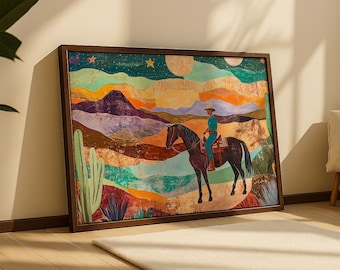 Cowboy Twilight in Desert Painting Print: Mid-Century Southwestern Eclectic Wall Art