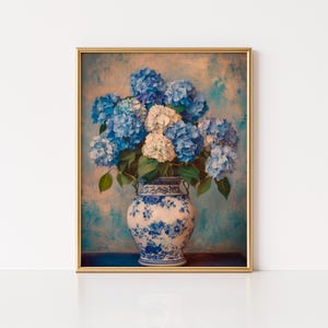 Blue Hydrangea Chinoiserie Painting Print, Vintage Hydrangea Artwork, Hydrangea Painting, Botanical Cottagecore Decor, Farmhouse Floral Art
