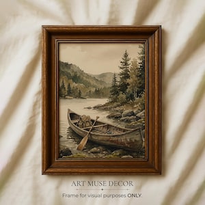 Vintage Fisherman Boat Painting: Rustic Lake Cabin Print, Hunting Wall Art image 1