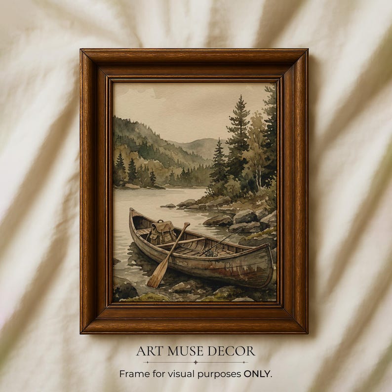 Vintage Fisherman Boat Painting: Rustic Lake Cabin Print, Hunting Wall Art image 1