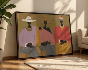 May include: A framed horizontal wall art print featuring three figures wearing wide-brimmed hats and colorful clothing against a muted olive background. The figures are depicted in a stylized manner with dark silhouettes, seated in a row. The text ART MUSE DECOR is printed at the bottom center of the canvas.