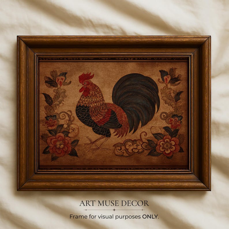 Earth Rooster Chinese Zodiac Textile Print: Antique Folk Art, Primitive Animal Decor image 1
