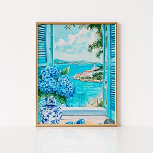 Blue Hydrangea Mediterranean Window View Print, Hydrangea Art Print, Hydrangea Painting, Botanical Cottagecore Decor, Coastal Floral Art