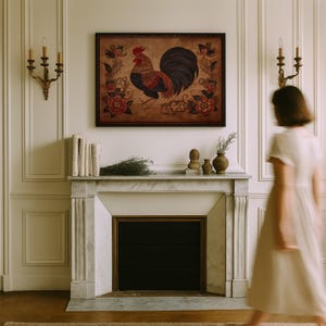 Earth Rooster Chinese Zodiac Textile Print: Antique Folk Art, Primitive Animal Decor image 8