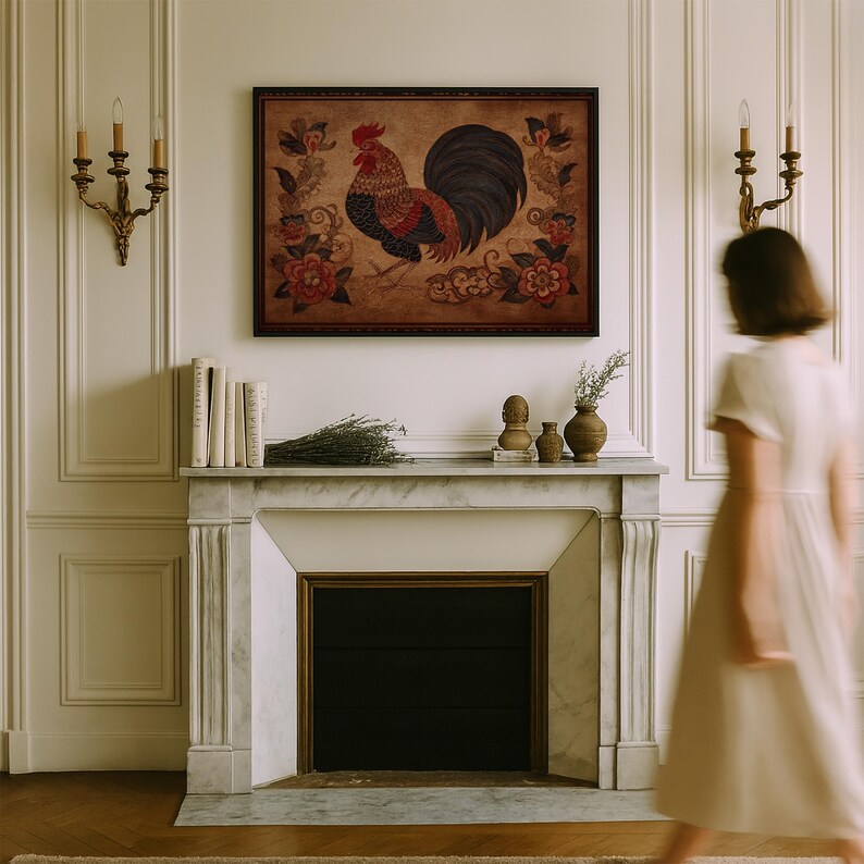 Earth Rooster Chinese Zodiac Textile Print: Antique Folk Art, Primitive Animal Decor image 8