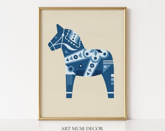 May include: Framed print featuring a stylized blue horse with geometric patterns. The artwork is set against a beige background and framed in gold. The text "ART MUSE DECOR" and "Frame for visual purposes ONLY" are at the bottom.