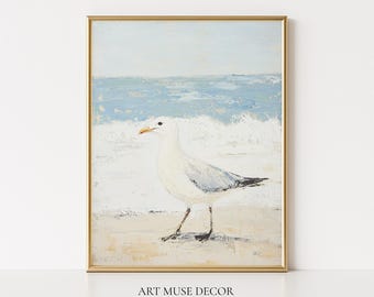 Lámina costera con gaviotas: pintura al óleo de playa, decoración para casas de lago.