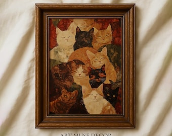Stampa astratta di gatti soriani assonnati: dipinto a olio vintage, decorazione da sopra il letto Catcore