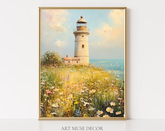 May include: A framed art print of a lighthouse on a grassy cliff overlooking the ocean. The painting features a white lighthouse with a brown top, surrounded by colorful wildflowers under a blue sky with fluffy clouds. The frame is gold. Text at the bottom reads "ART MUSE DECOR".