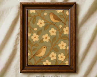 Vintage Bird & Daisy Botanical Print: Rustic Cottagecore Wall Art