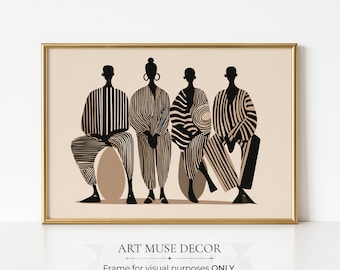 Könnte beinhalten: Ein gerahmter Kunstdruck mit vier stilisierten Figuren in schwarz-weiß gestreiften Outfits. Die Figuren sind vor einem beigefarbenen Hintergrund platziert, mit dem Text "ART MUSE DECOR" am unteren Rand. Der Rahmen ist goldfarben.