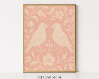 Folk Art Bird Print: Blush Floral Cottagecore Wall Art