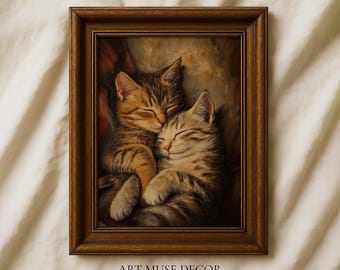Sleeping Tabby Cat Duo Print: Vintage Kittens Oil Painting, Victorian Wall Art
