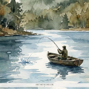 Rustic Fisherman Painting: Vintage Lake Cabin Print, Hunting Wall Art image 2