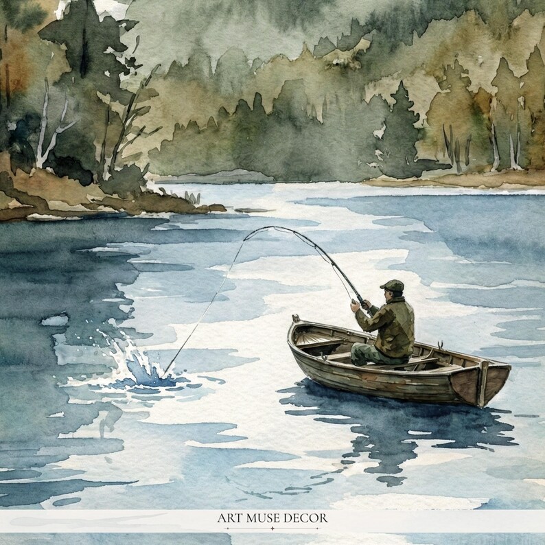 Rustic Fisherman Painting: Vintage Lake Cabin Print, Hunting Wall Art image 2