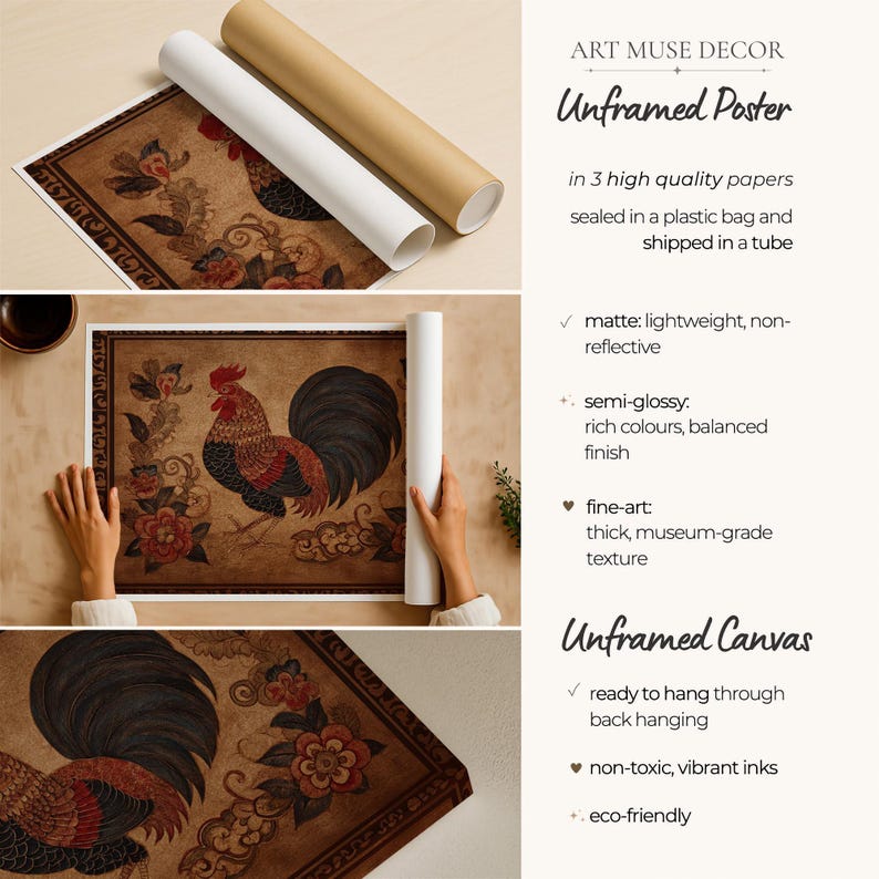 Earth Rooster Chinese Zodiac Textile Print: Antique Folk Art, Primitive Animal Decor image 3