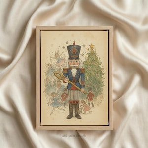 May include: A framed illustration featuring a central nutcracker figure in a blue and gold uniform holding a gold staff, surrounded by dancing fairies and small soldiers near a decorated Christmas tree, with the text ART MUSE DECOR at the bottom.