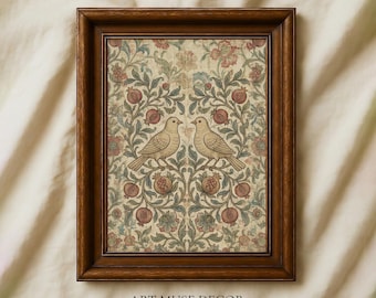 Bird Vintage Textile Print: Antique Tapestry Wall Art, Botanical Rug Farmhouse Decor