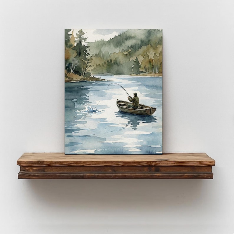 Rustic Fisherman Painting: Vintage Lake Cabin Print, Hunting Wall Art image 6