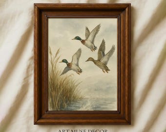 Vintage Mallard Duck Print: Rustic Hunting Lodge Wall Art