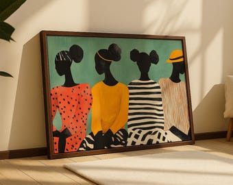 May include: A framed art print featuring four silhouetted figures against a teal background. The figures wear various outfits, including a red polka-dot dress, a yellow sweater, a black and white striped top, and a striped shirt with a yellow hat.