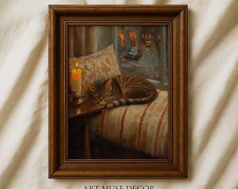 Stampa raffigurante un gatto soriano addormentato e dipinto su una finestra: decorazione vintage sopra il letto, arte murale vittoriana