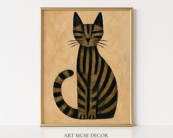 Abstract Tabby Cat Painting Print: Figurative Feline Wall Art, MCM Decor
