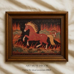 Antique Fire Horse Painting: Vintage Chinese Zodiac Print, Primitive Equestrian Decor bild 6