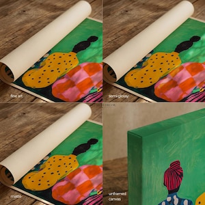 May include: An abstract art print featuring a green background with yellow, orange, and pink shapes. The print is available in fine art, semi-glossy, and matte finishes, as well as an unframed canvas option. The text "ART MUSE DECOR" is visible.