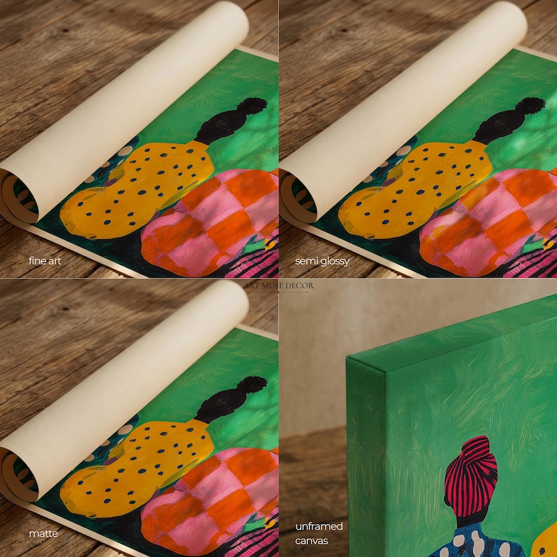 May include: An abstract art print featuring a green background with yellow, orange, and pink shapes. The print is available in fine art, semi-glossy, and matte finishes, as well as an unframed canvas option. The text "ART MUSE DECOR" is visible.