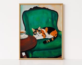 Stampa artistica di un gatto calico: arredamento impressionista in stile fattoria d'epoca