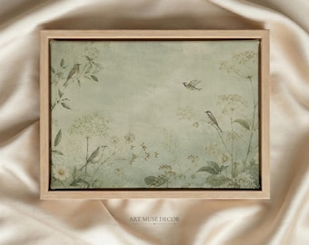 Stampa di un dipinto Chinoiserie con uccelli antichi: decorazione murale vintage, arredamento botanico verde