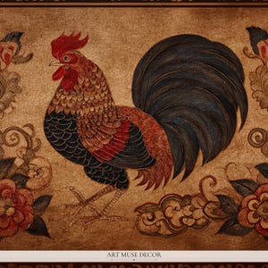 Earth Rooster Chinese Zodiac Textile Print: Antique Folk Art, Primitive Animal Decor image 2