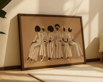 May include: A framed art print featuring six figures in long, striped dresses, seated on a bench. The artwork is rendered in neutral tones of brown and white, with a dark brown frame. The figures have dark hair and are facing forward.