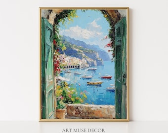Amalfi Coast Print: Italian Landscape, Earth Tone Oil Painting