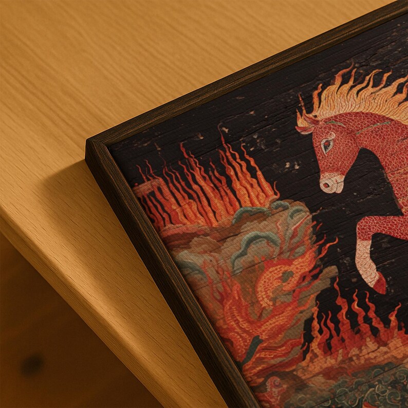 Antique Fire Horse Painting: Vintage Chinese Zodiac Print, Primitive Equestrian Decor bild 5