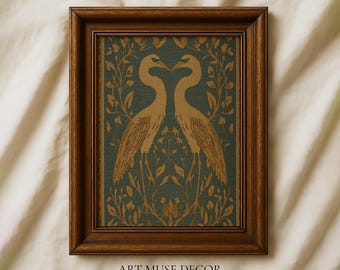Heron Tapestry Print: Botanical Bird Folk Art Wall Hanging