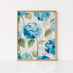 Blue Hydrangea Oil Painting Print, Vintage Hydrangea Art Print, Botanical Chinoiserie Cottagecore Decor, Watercolor Farmhouse Floral Art