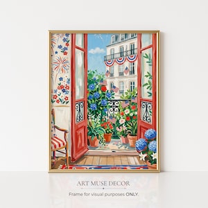 May include: A framed painting depicts a vibrant scene of a balcony overlooking a building adorned with American flags and bunting. Red doors open to a floral display, with a striped chair visible. The artwork is labeled "ART MUSE DECOR."